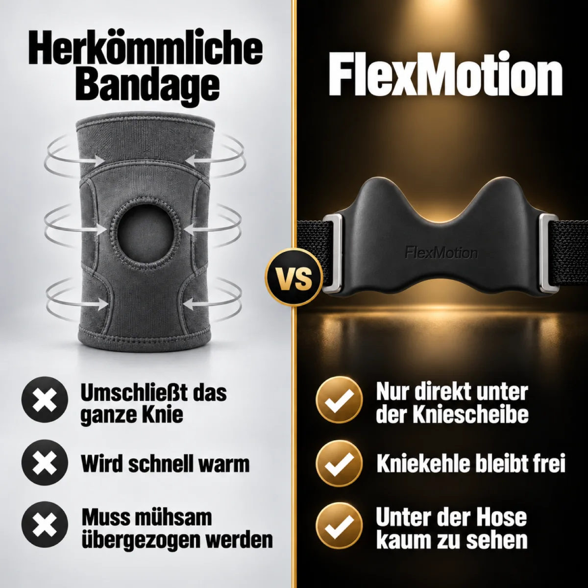 Vergleich: Herkömmliche Bandage umschließt das ganze Knie, wird schnell warm und muss mühsam übergezogen werden. FlexMotion sitzt nur direkt unter der Kniescheibe, lässt die Kniekehle frei und ist unter der Hose kaum zu sehen.