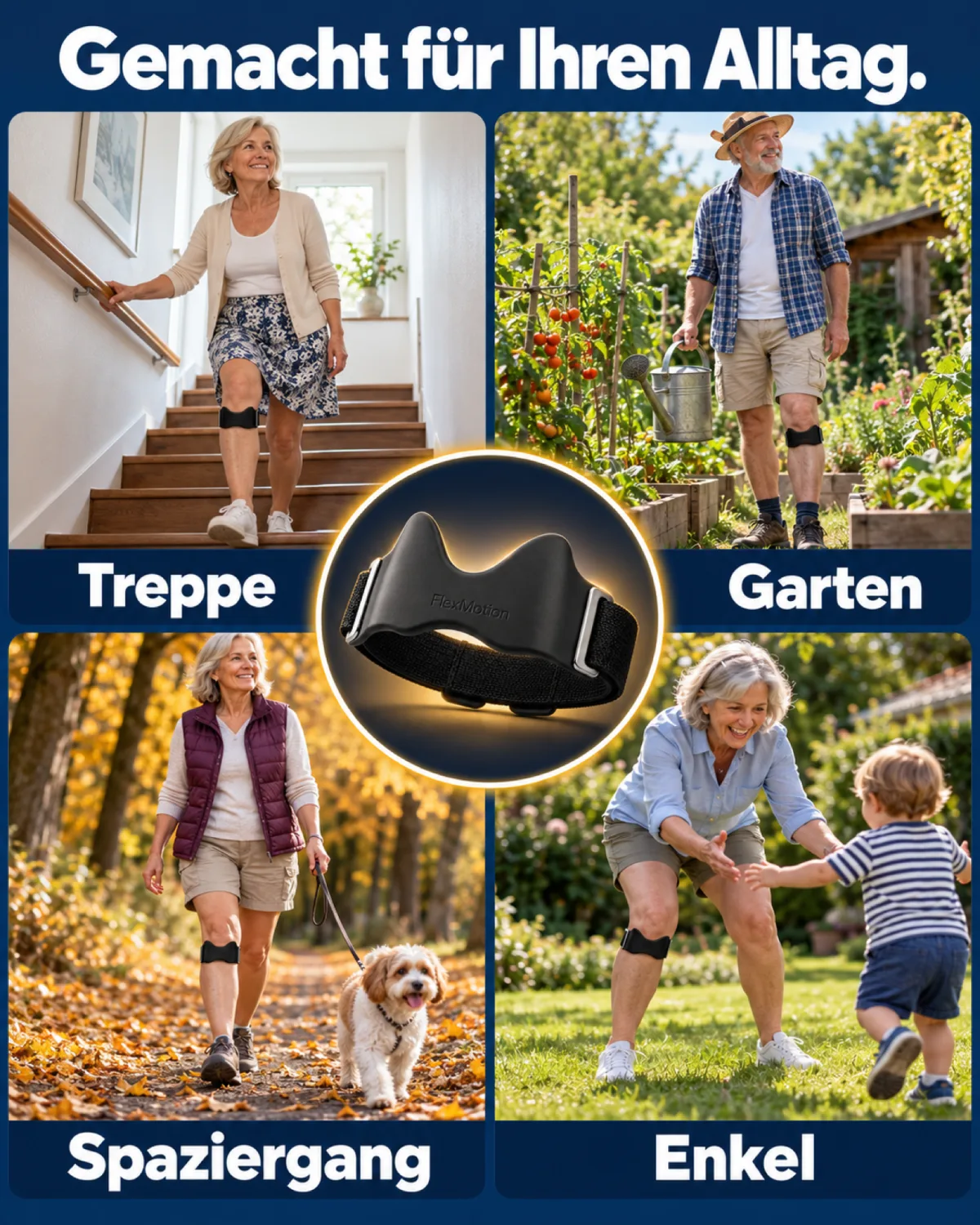 Gemacht für Ihren Alltag: vier Fotos von Seniorinnen und Senioren mit FlexMotion unter dem Knie, auf der Treppe, im Garten, beim Spaziergang mit dem Hund und beim Spielen mit dem Enkel