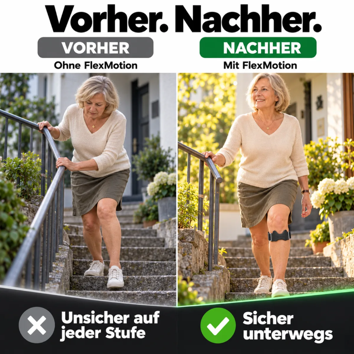 Vorher und Nachher auf derselben Außentreppe: links dieselbe Frau ohne FlexMotion, unsicher am Geländer, rechts mit FlexMotion unter dem Knie, aufrecht und lächelnd, sicher unterwegs