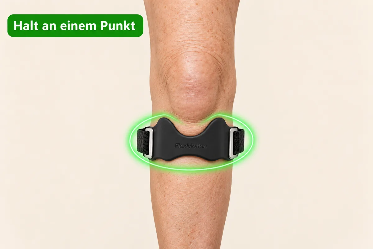 Knie mit FlexMotion direkt unterhalb der Kniescheibe, grün markiert mit dem Hinweis „Halt an einem Punkt“; die Kniescheibe bleibt frei