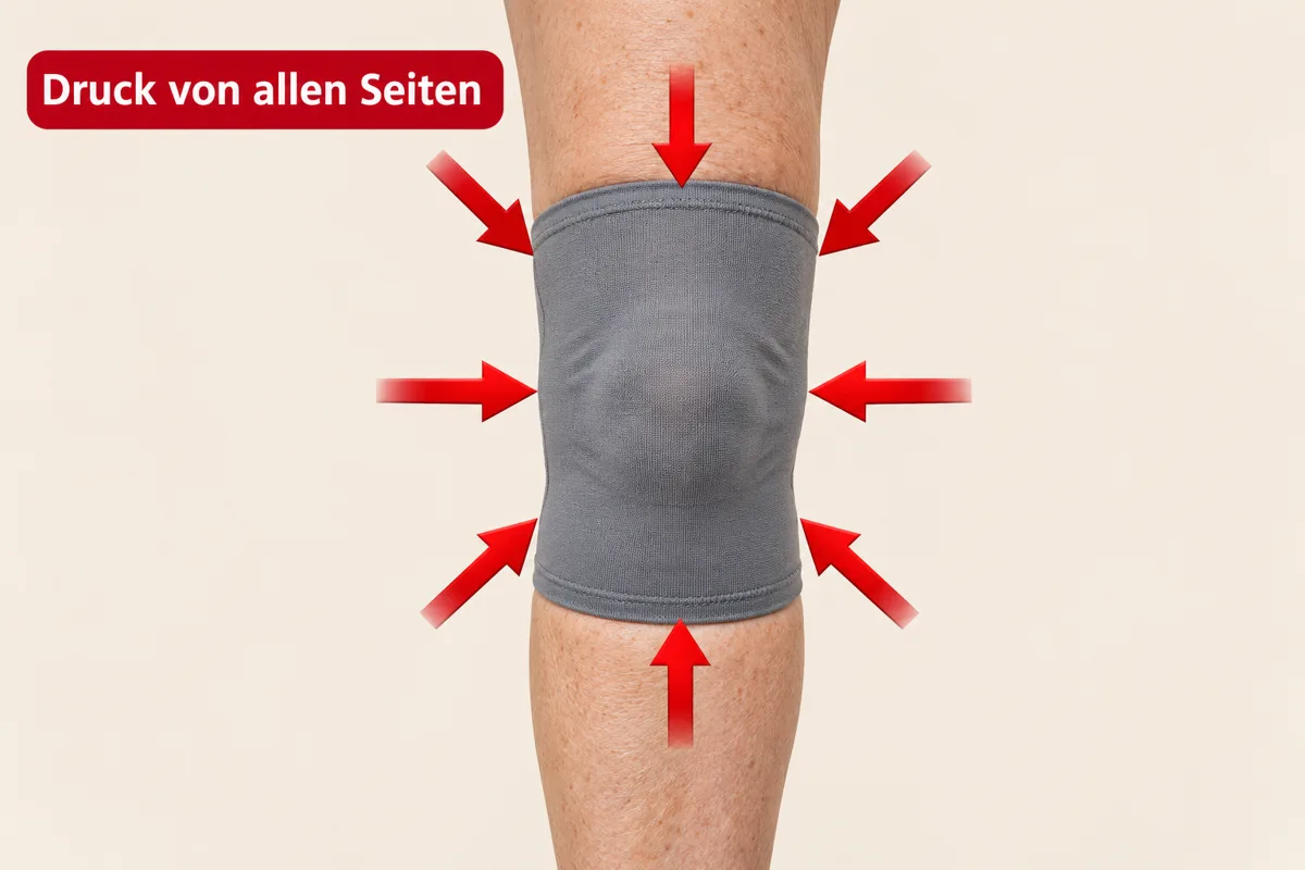 Knie in einer grauen Kniebandage, rote Pfeile und der Hinweis „Druck von allen Seiten“