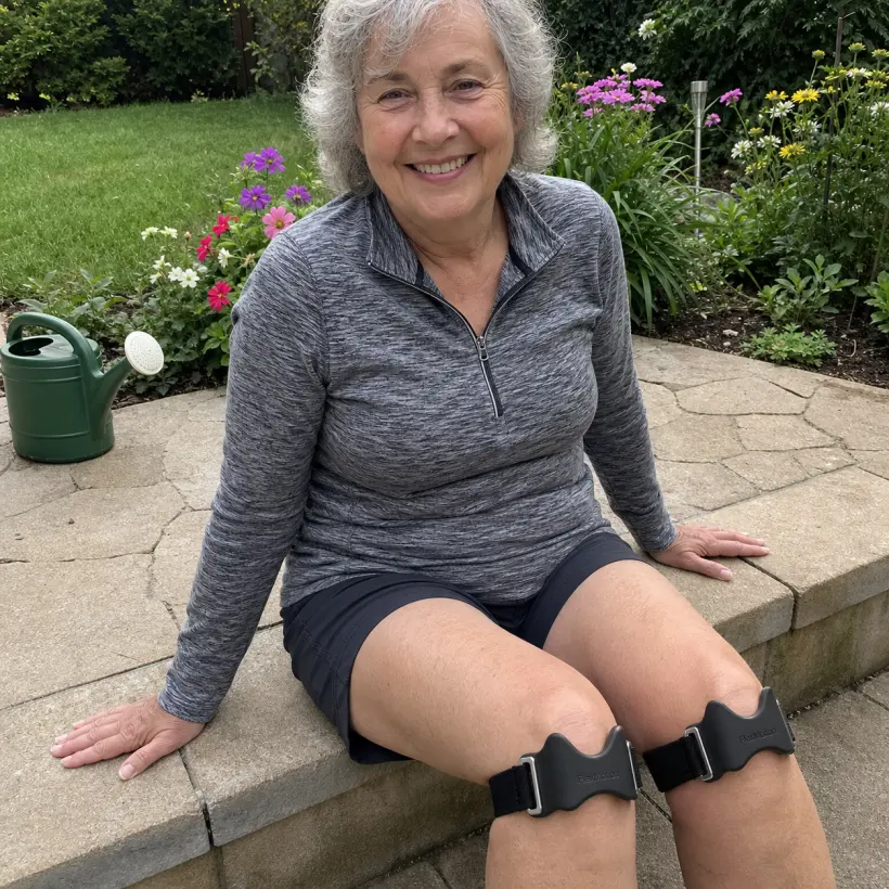 Kundin sitzt im Garten und trägt an beiden Knien ein FlexMotion Band