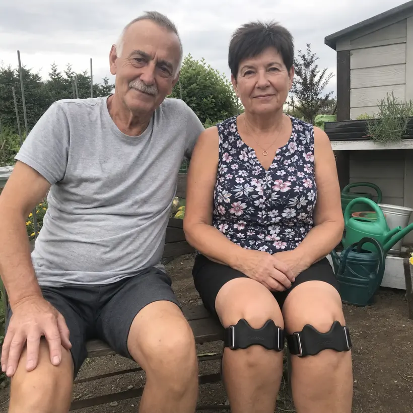 Ehepaar im Kleingarten, beide tragen FlexMotion an beiden Knien