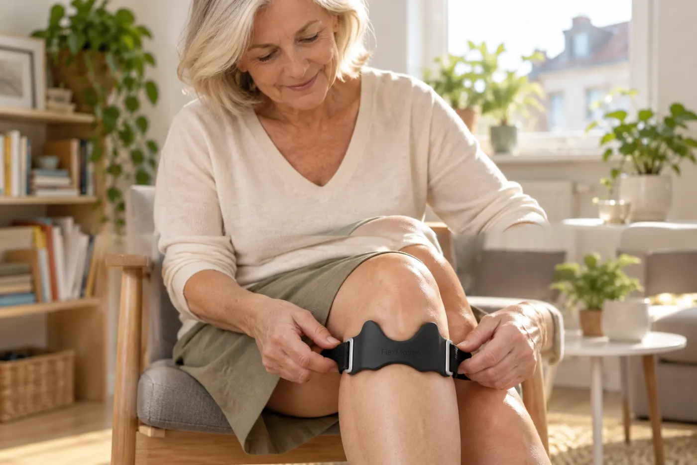 Frau legt sich im Wohnzimmer das FlexMotion Band an